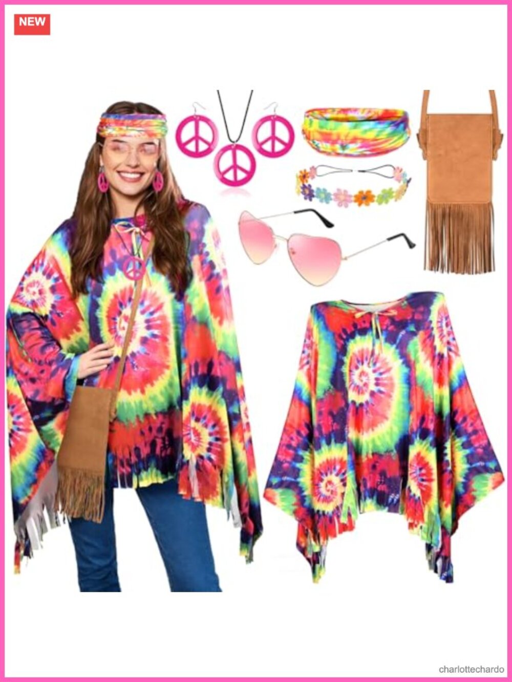 70s Hippie Costume Set Poncho Fringe Bag Headbands Peace Jewelry
